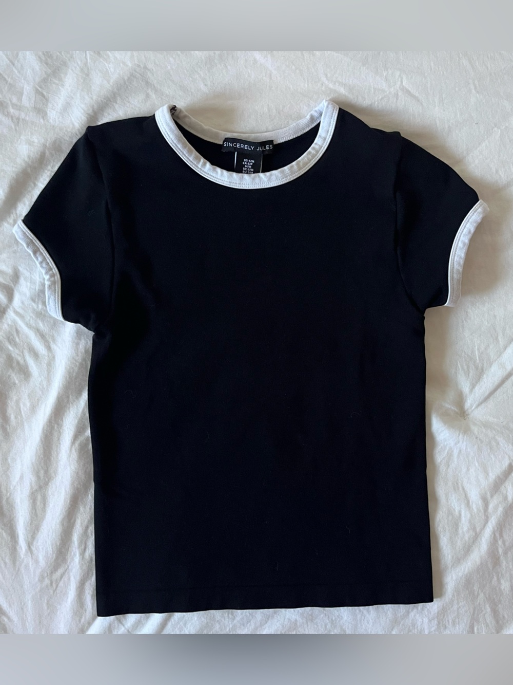 Sincerely Jules Black White Contrast Ringer Baby Tee Crop Top S/M Y2K 90s